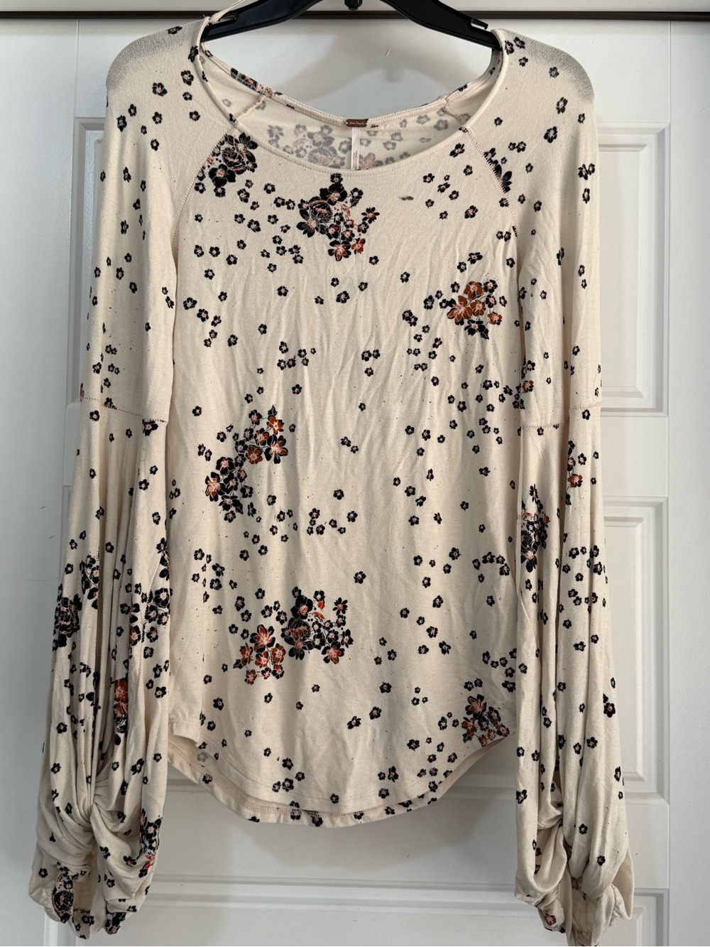 Free People Cream Floral Long Sleeve Blouse with Black and Rust Accents